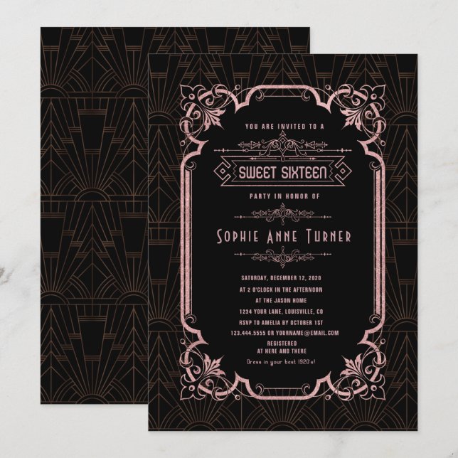 Glam Rose Gold Great Gatsby Sweet Sixteen Invitation (Front/Back)