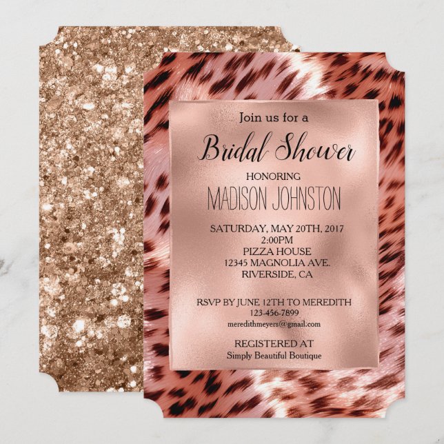 Glam Rose Gold Leopard Animal Bridal Shower Invitation (Front/Back)