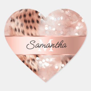 Glam Rose Gold Leopard Monogram Heart Sticker