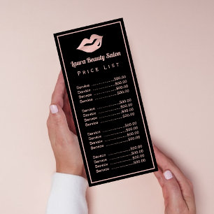 Glam Rose Gold Lips & Black Price List Services Rack Card