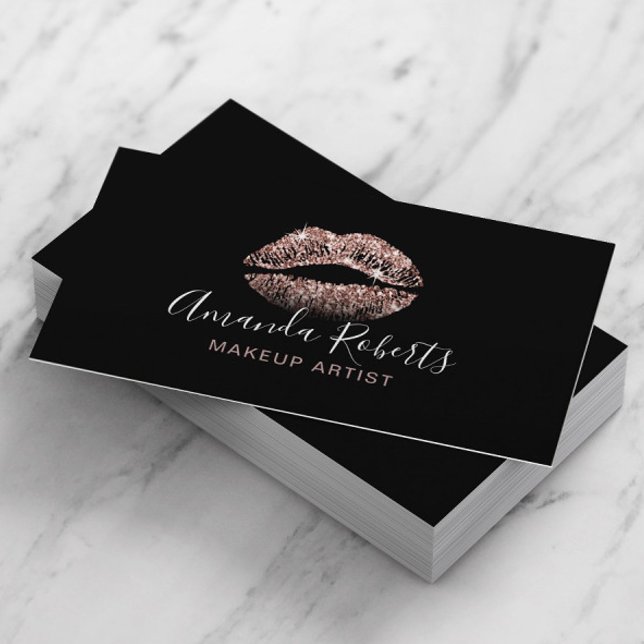 Glam Rose Gold Lips Makeup Artist Plain Black Business Card (Creator Uploaded)