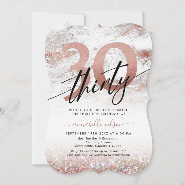 Glam Rose Gold Marble & Glitter 30th Birthday  Invitation (Front)