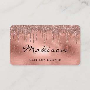 Glam Rose Gold Metallic Glitter Drip Hair & Makeup Business Card