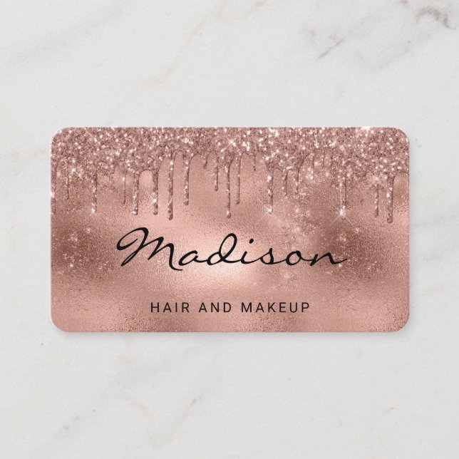 Glam Rose Gold Metallic Glitter Drip Hair & Makeup Business Card (Front)