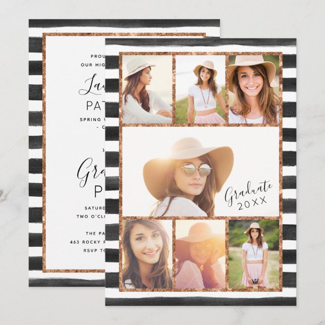 Glam Rose Gold Photo Collage Graduation Invitation (Front/Back)