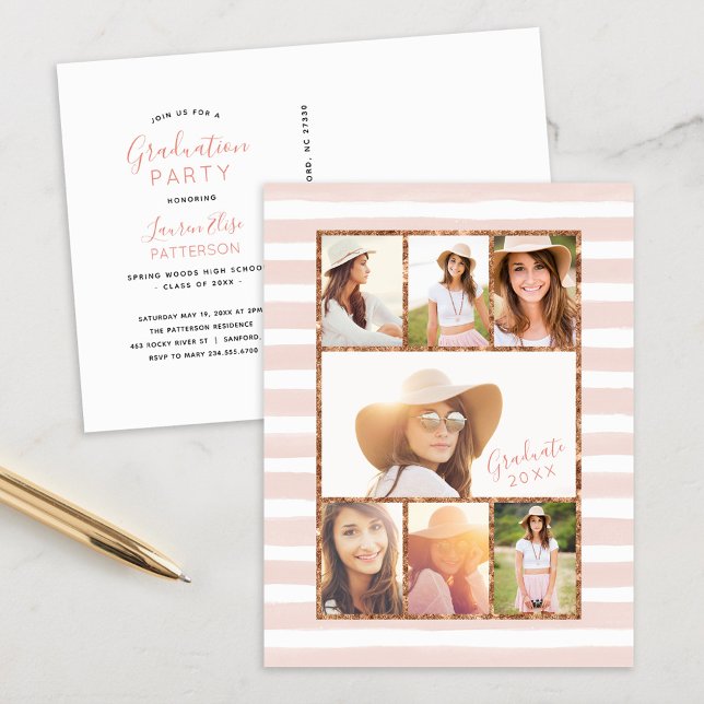 Glam Rose Gold Photo Collage Graduation Invitation Postcard (Creator Uploaded)