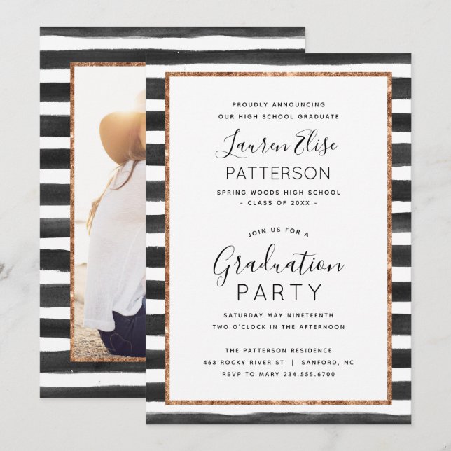 Glam Rose Gold Photo Graduation Party Invitation (Front/Back)