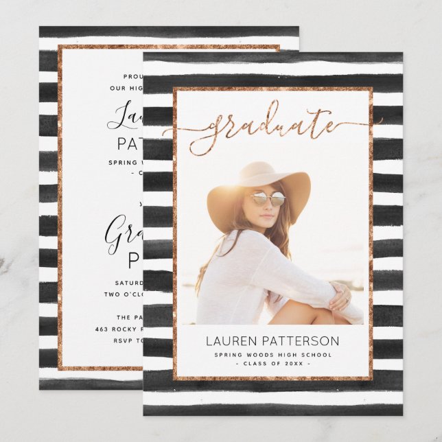 Glam Rose Gold Photo Graduation Party Invitation (Front/Back)