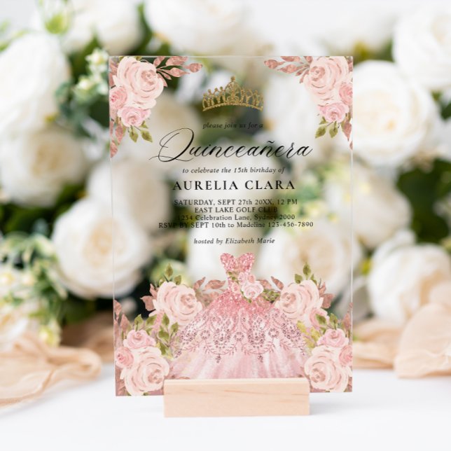 Glam Rose Gold Pink Dress Floral 15th Quinceañera Acrylic Invitations (Creator Uploaded)