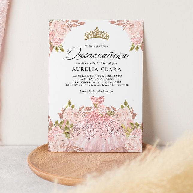 Glam Rose Gold Pink Dress Floral 15th Quinceañera Invitation (Creator Uploaded)