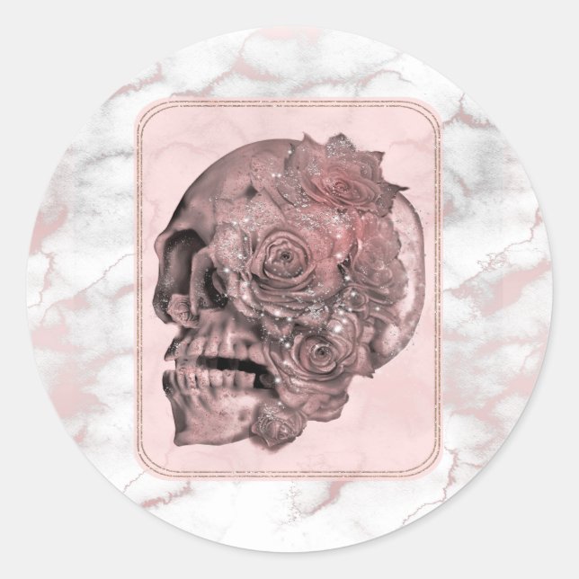 Glam Rose Gold Pink Skull Marble Party Classic Round Sticker (Front)