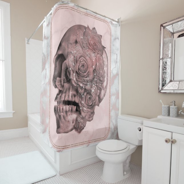 Glam Rose Gold Pink Skull Marble Shower Curtain (In Situ)