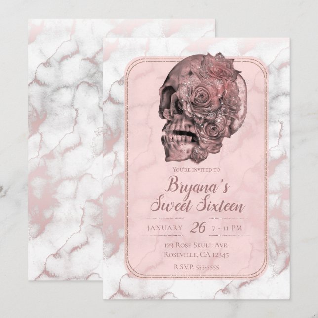 Glam Rose Gold Pink Skull Marble Sweet 16 Invitation (Front/Back)