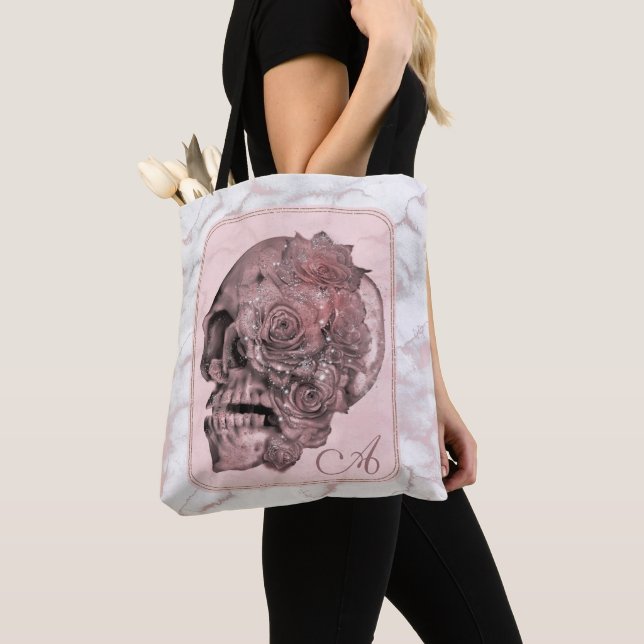 Glam Rose Gold Pink Skull Marble Tote Bag (Close Up)