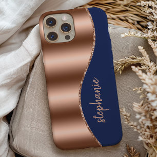 Glam Rose Gold Signature Faux Foil Wave Navy Blue iPhone 13 Case