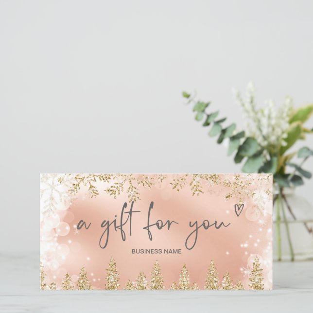 Glam rose gold snow pine logo gift certificate (Standing Front)