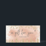 Glam rose gold snow pine logo gift certificate<br><div class="desc">Modern logo gift certificate with this luxury gold glitter snowflakes sparkles and rose gold glitter, 
 glitter pine tree forest on an elegant festive faux rose gold metallic background,  featuring a modern cool script font typography. Perfect gift for anyone! Add your logo.</div>