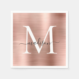 Glam Rose Gold Sparkle Monogram Script Metallic Napkin