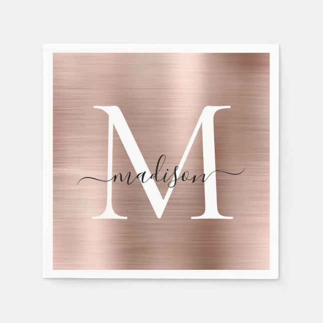 Glam Rose Gold Sparkle Monogram Script Metallic Napkin (Front)