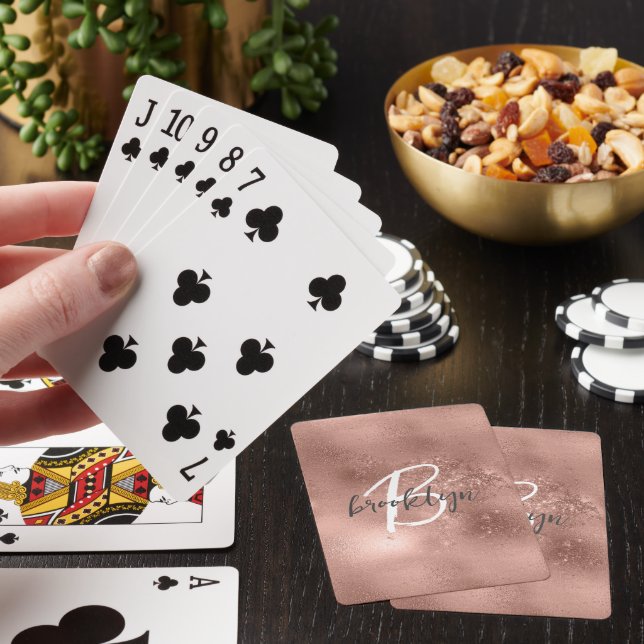 Glam Rose Gold Trendy Script Monogram Playing Cards (In Situ)