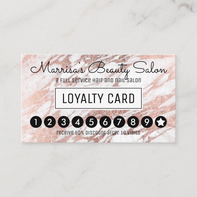 Glam Rose Gold White Marble Loyalty Discount Punch (Front)