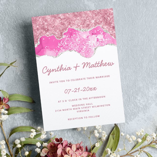 Glam rose gold white pink silver glitter wedding invitation (Glam rose gold white pink silver glitter wedding)