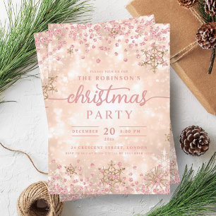 Glam Rose Gold Winter Snow Diamonds Christmas Invitation