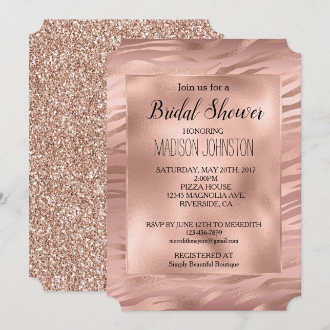 Glam Rose Gold Zebra Glitter Invitation (Front/Back)