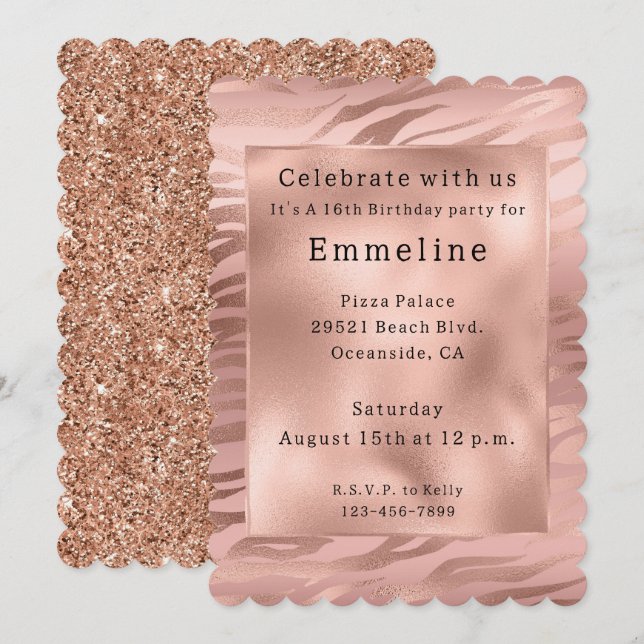 Glam Rose Gold Zebra Invitation (Front/Back)