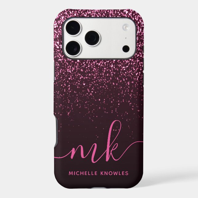 Glam Rose Pink Glitter Modern Script Monogram Name (Back)
