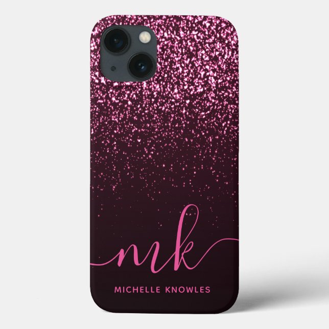 Glam Rose Pink Glitter Modern Script Monogram Name Case-Mate iPhone Case (Back)