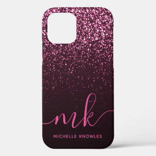 Glam Rose Pink Glitter Modern Script Monogram Name iPhone 12 Pro Case