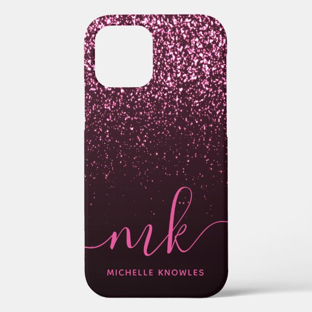 Glam Rose Pink Glitter Modern Script Monogram Name Case-Mate iPhone Case (Back)