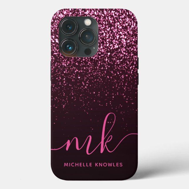 Glam Rose Pink Glitter Modern Script Monogram Name Case-Mate iPhone Case (Back)