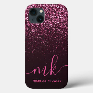 Glam Rose Pink Glitter Modern Script Monogram Name iPhone 13 Case