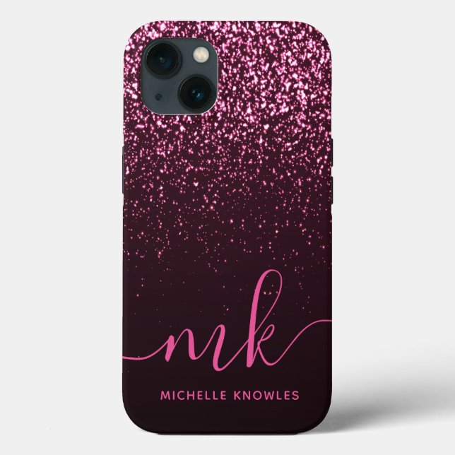 Glam Rose Pink Glitter Modern Script Monogram Name Case-Mate iPhone Case (Back)