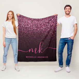Glam Rose Pink Glitter Modern Script Monogram Name Fleece Blanket