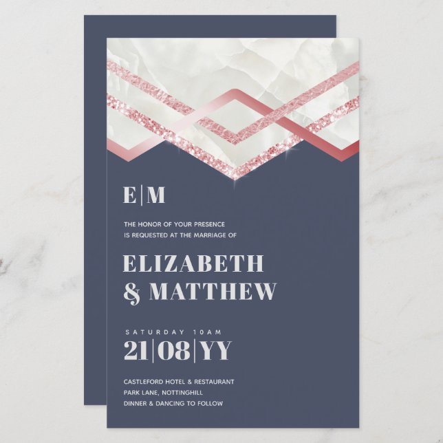 Glam Rosegold DECO Wedding Invite Modern Chic (Front/Back)