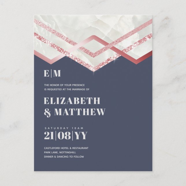 Glam Rosegold DECO Wedding Invite Modern Chic Postcard (Front)