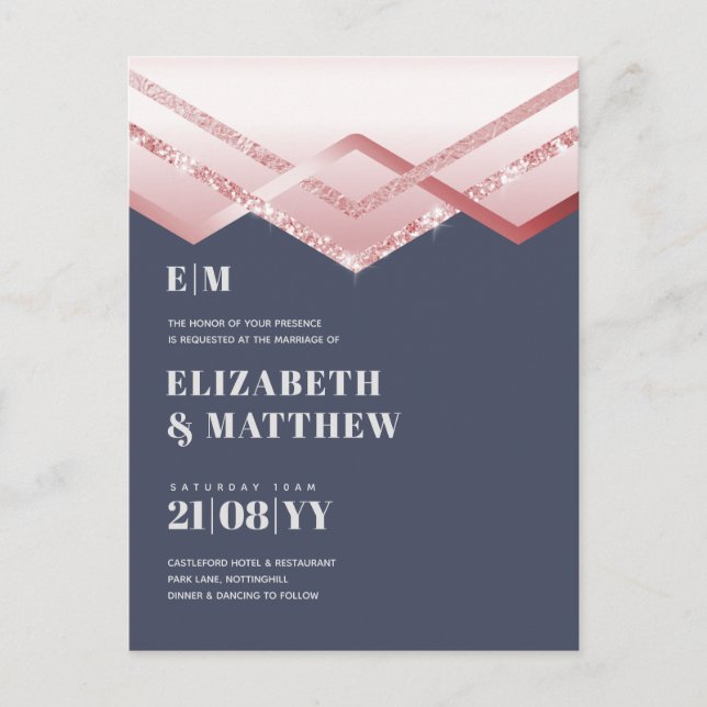 Glam Rosegold DECO Wedding Invite Modern Chic Postcard (Front)
