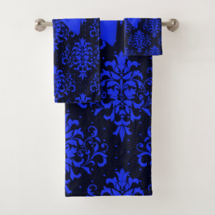 Glam Royal Blue Bow-Blue Lace-Black Bath Towel Set