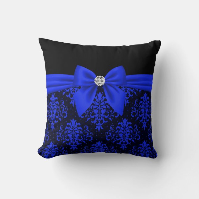 Glam Royal Blue Bow-Blue Lace-Black Cushion (Front)