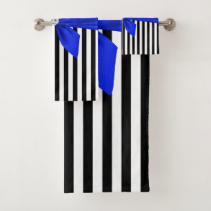 Glam Royal Blue Bow-Pinstripes-Black Bath Towel Set