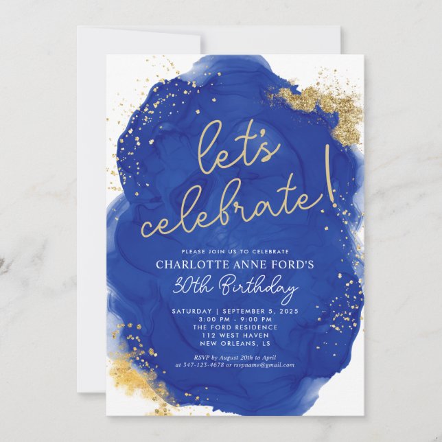 Glam Royal Blue Gold Glitter Alcohol Ink Birthday Invitation (Front)