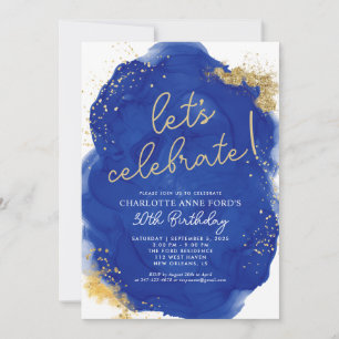 Glam Royal Blue Gold Glitter Alcohol Ink Birthday Invitation