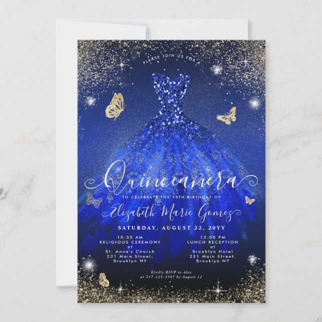 Glam Royal Blue Gold Glitter Gown Quinceanera Invitation (Front)