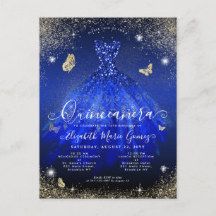 Glam Royal Blue Gold Glitter Gown Quinceanera Postcard