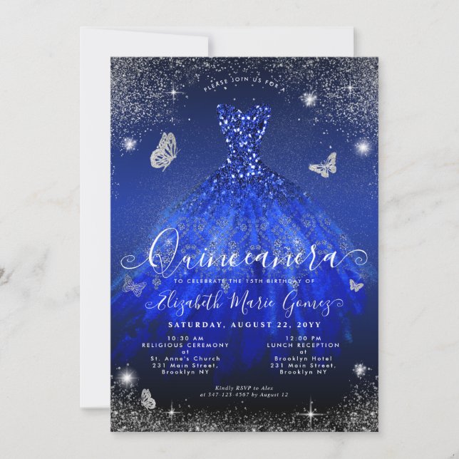 Glam Royal Blue Silver Glitter Gown Quinceanera Invitation (Front)