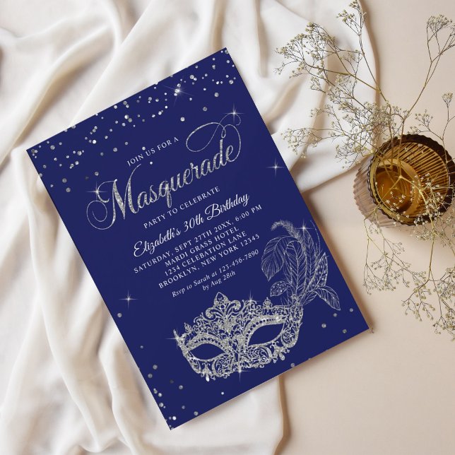 Glam Royal Blue Silver Glitter Masquerade Birthday Invitation (Creator Uploaded)