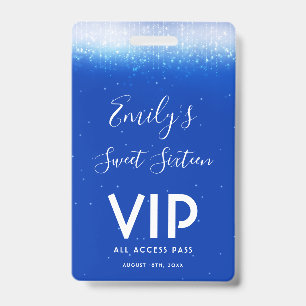 Glam Royal Blue Sweet 16 Invitation VIP Pass Badge ID Badge